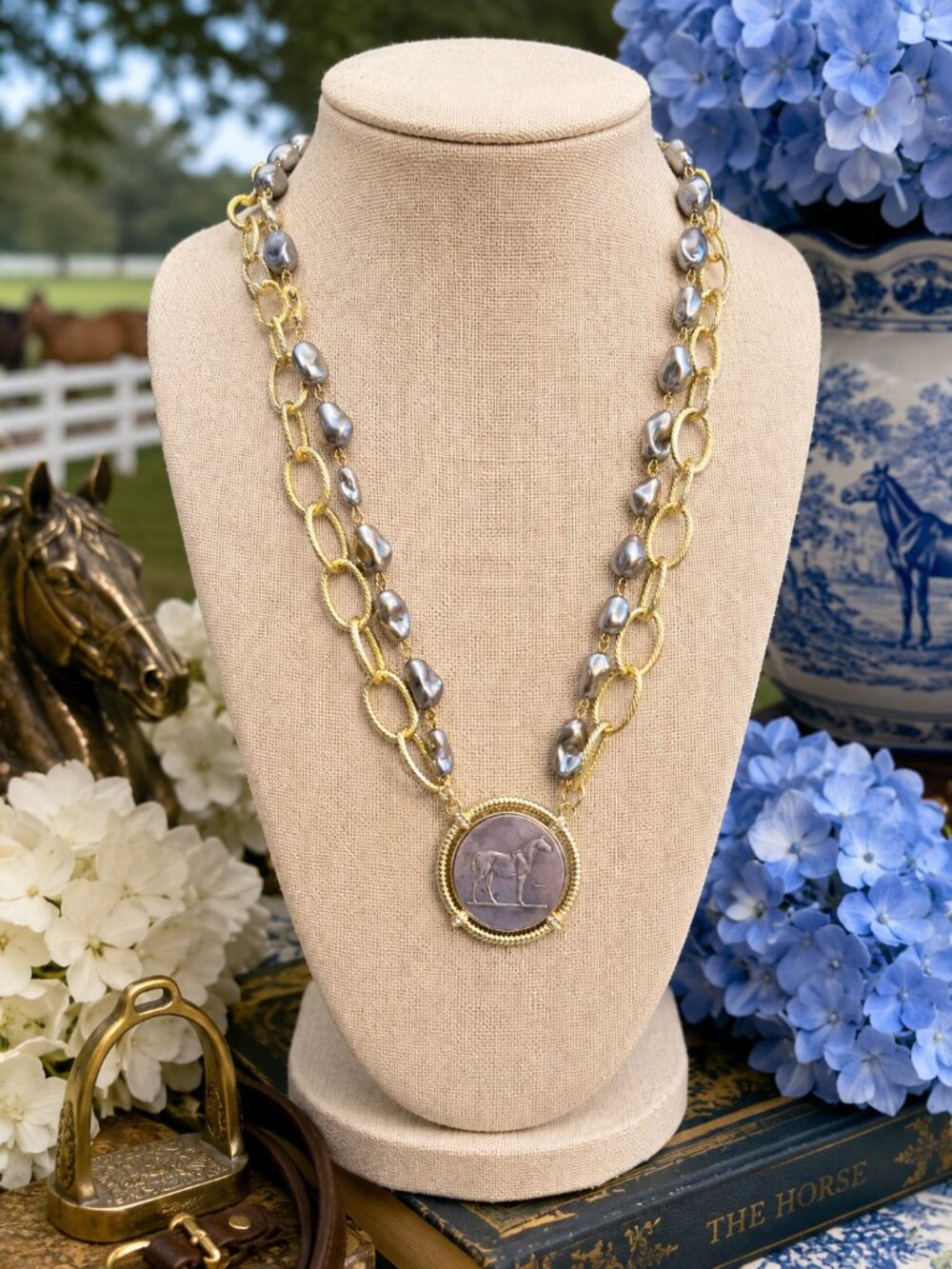 Pearl Horse Coin Necklace, Gold Textured Chain, Equestrian Medallion Pendant
